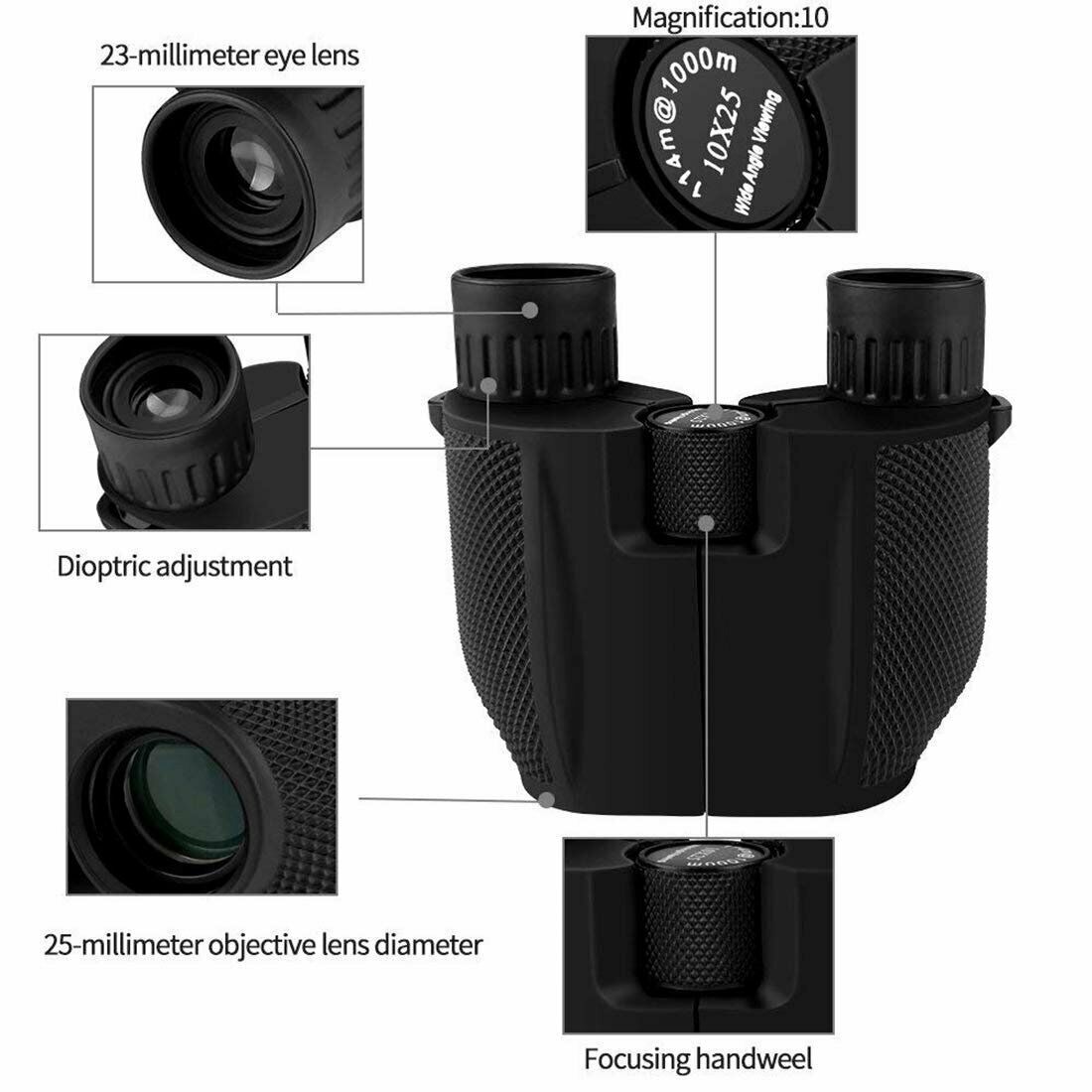 Compact Αδιάβροχα Κιάλια Near Focus BAK4 Wide Angle 10x25 Υψηλής Φωτεινότητας με Ρύθμιση Μυωπίας